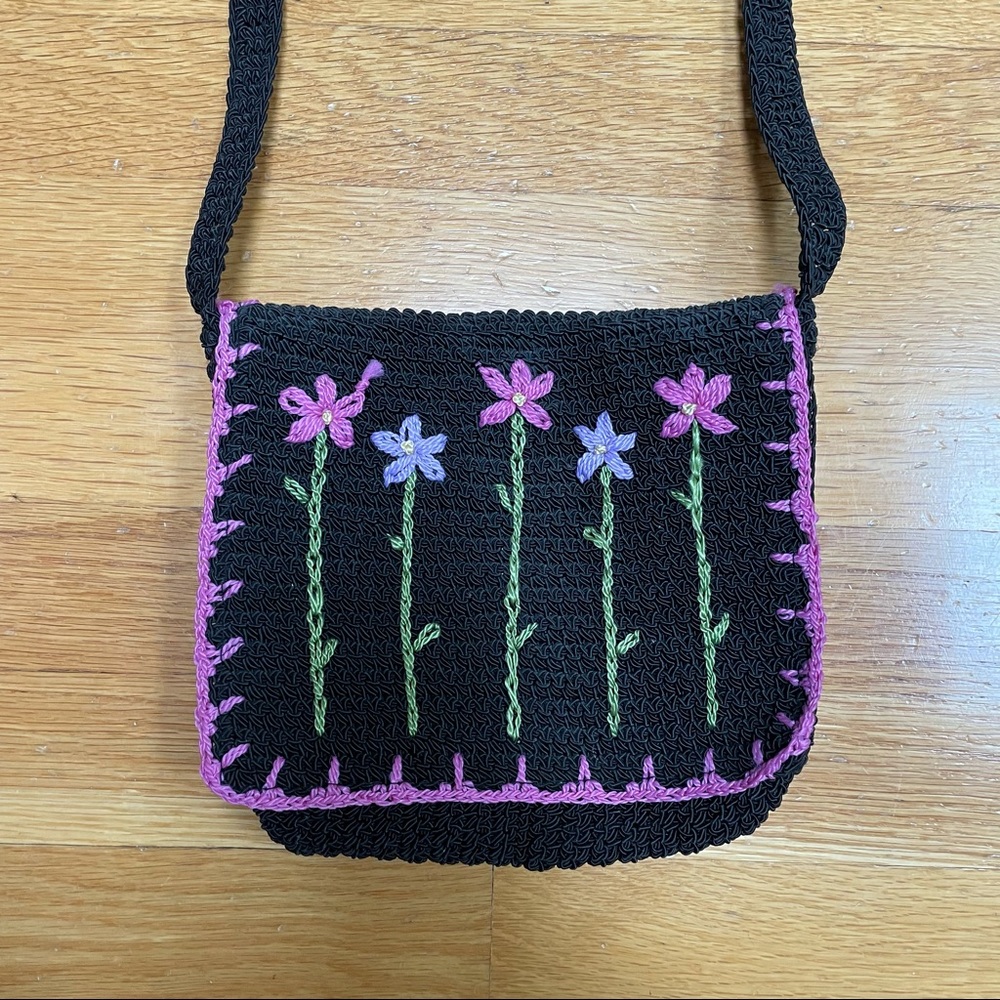Black Knit Crochet Handbag Cross Body Purse Floral Embroidery Flowers